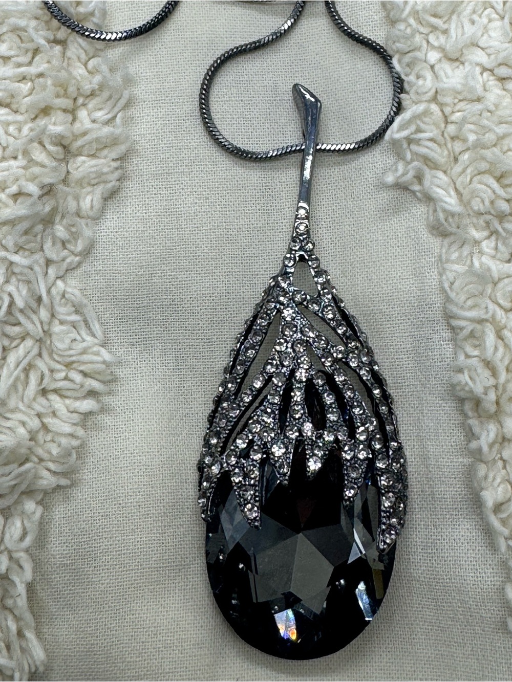 Long Smoky Gray Crystal Teardrop Statement Pendant Necklace